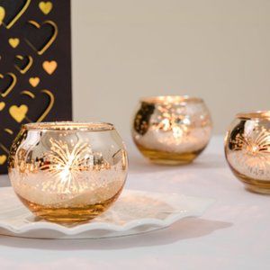 Set of 12 - Fireworks - Round Gold Mercury Glass Candle Holders (Bowl Shaped)